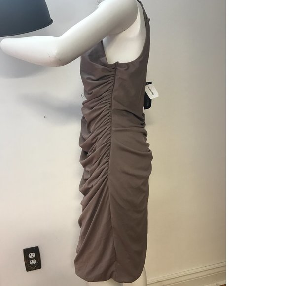 Le Chateau Chocolate Grey Gold Formal Cocktail Drape Halter Neck Bodycon Dress - Picture 5 of 6